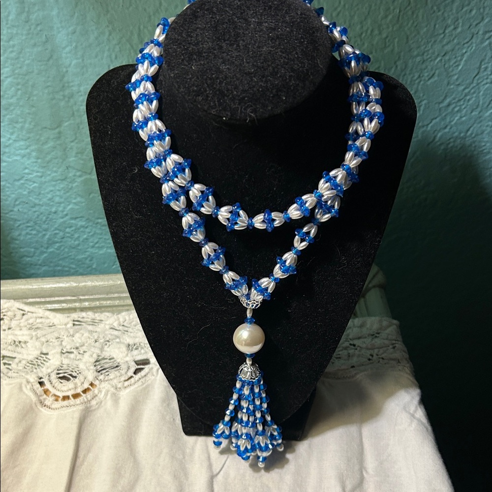 Blue and White Beaded Tassel Necklace with Pearl Accent